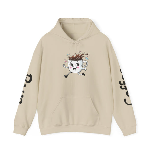 Coffee Cup Mascot Hoodie — Cute Running Coffee Mug Graphic Sweatshirt with Sleeve 'Coffee Run' Text