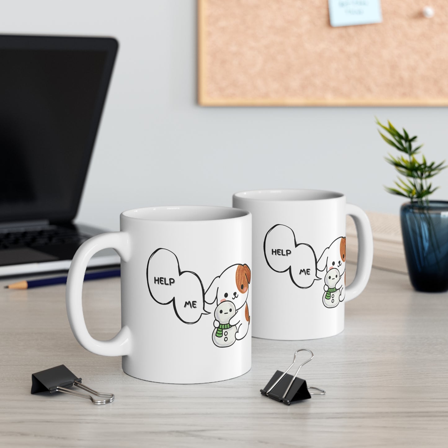 Funny Dog Mug – “Help Me” Snowman Dog Toy Design, Cute Kawaii Coffee Cup for Dog Lovers, 11oz White Ceramic Mug, Pet Humor Gift