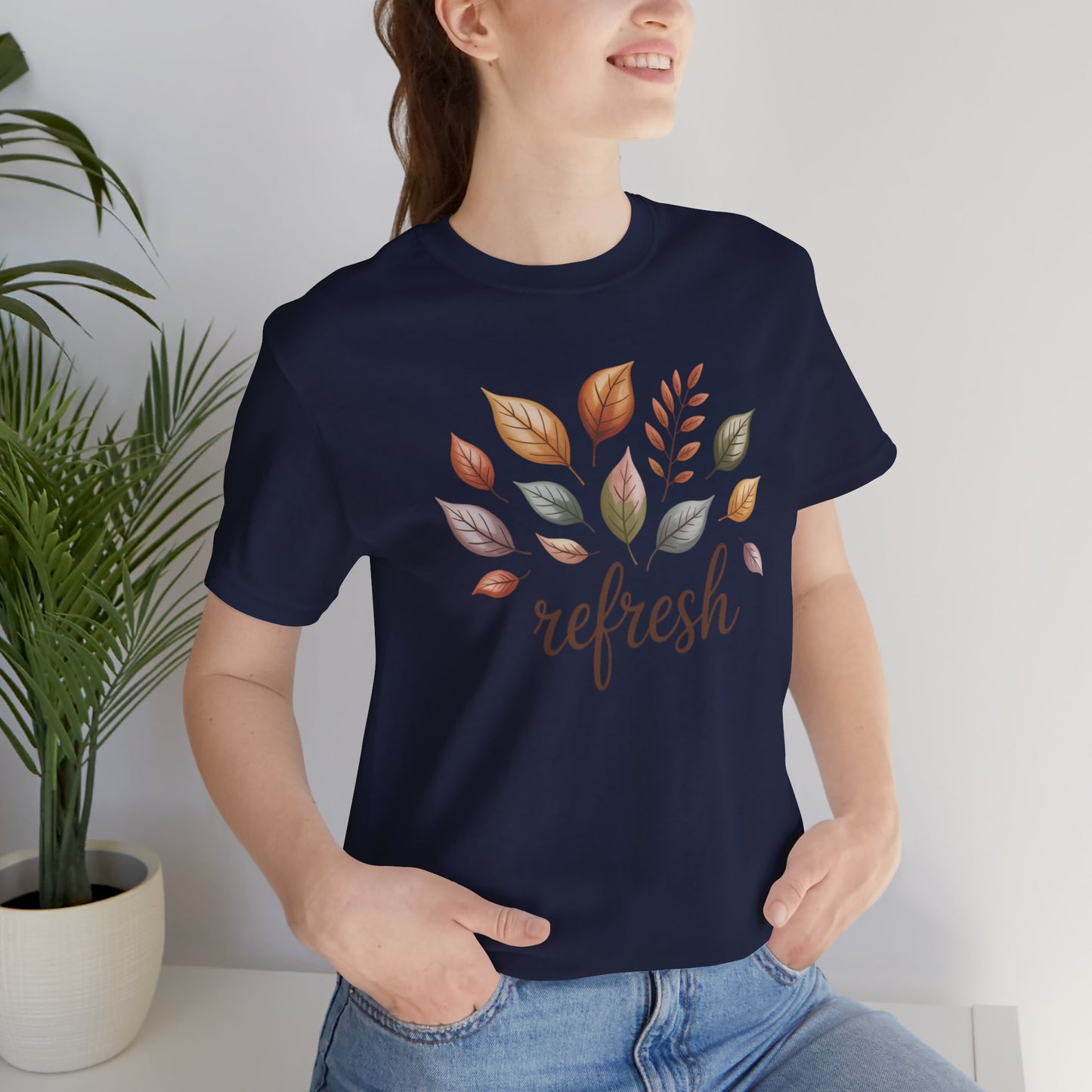 Fall Refresh T-Shirt | Autumn Leaf Graphic Tee | Cozy Fall Shirt for Women & Men | Nature Inspired Short Sleeve Tee | Eco Friendly Unisex Cotton Top