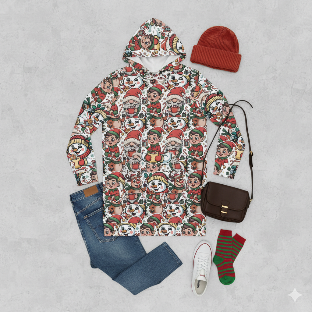 Ugly Christmas Sweater Hoodie Dress for Women β Funny Holiday "AI Slop" Edition Meme Style with Gnome Santa, Elf & Reindeer Print | Cozy Festive Sweatshirt Dress