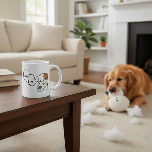 White mug with a funny dog illustration on a wooden table in a living room with a dog chewing up a snowman dog toy.