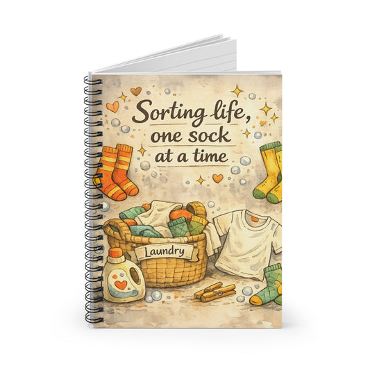 Funny Laundry Quote Spiral Notebook, Cute Sock Illustration Journal, 6x8 Ruled Planner, Gift for Busy Moms & Adults