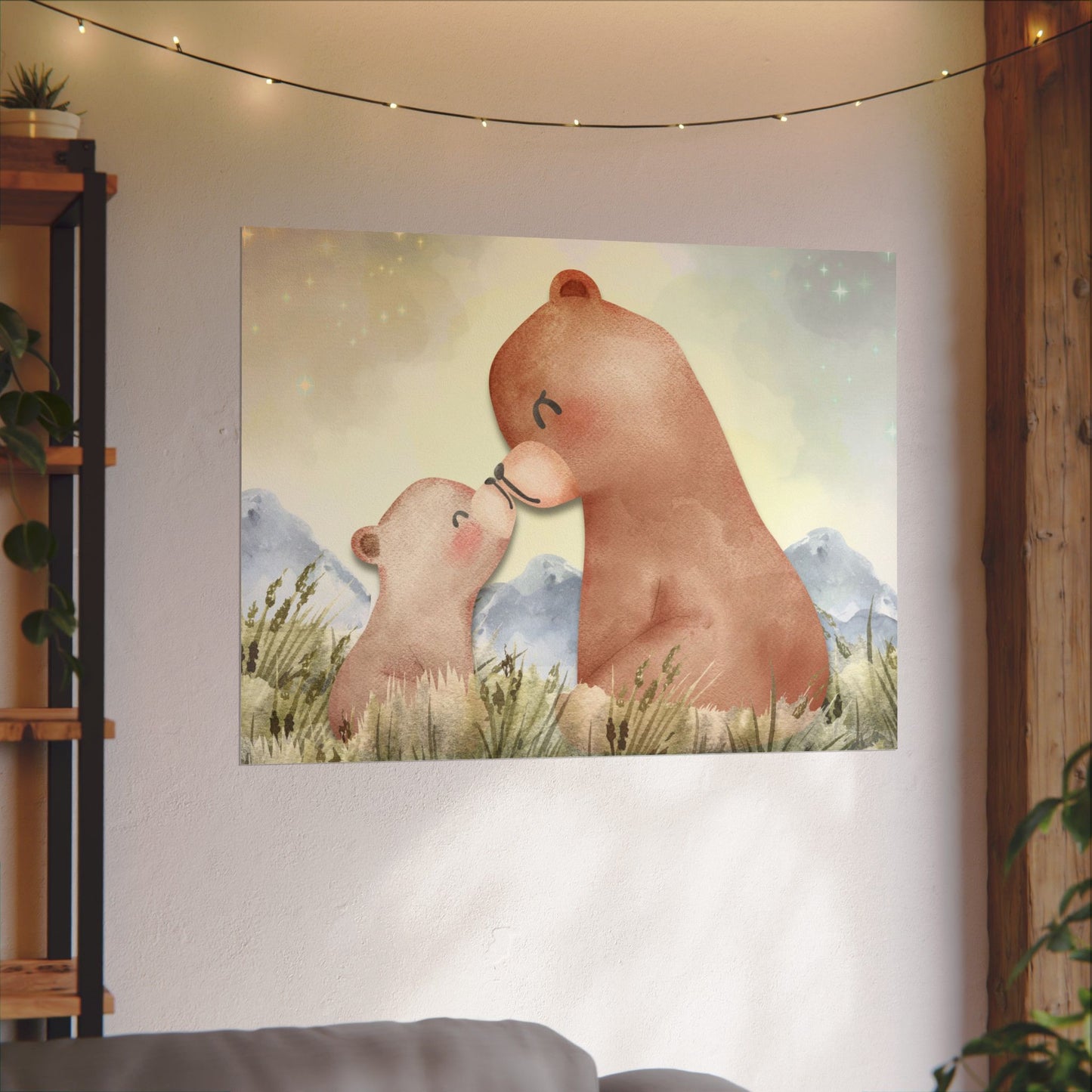 Mama Bear & Cub Watercolor Poster — Nursery Wall Art, Textured Matte Print