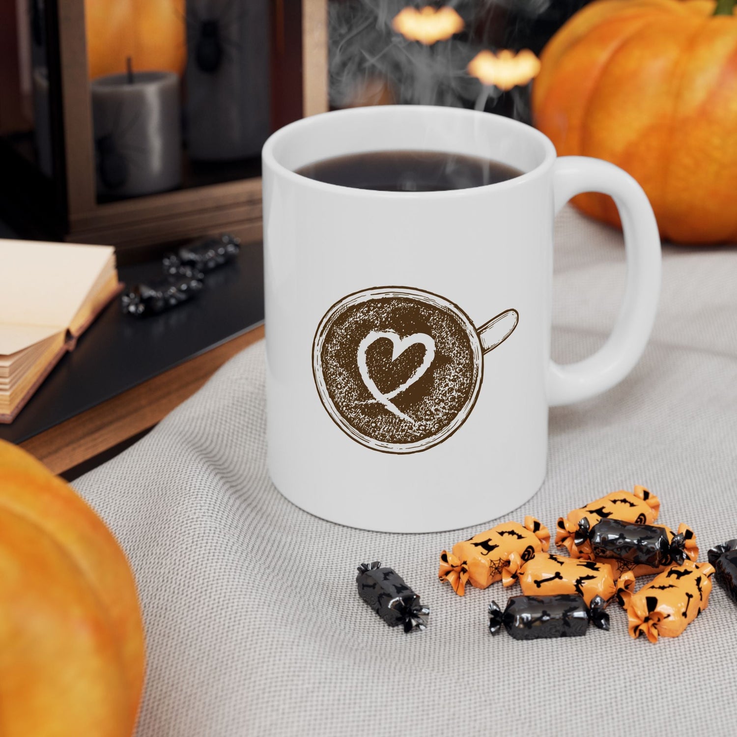 coffee lovers coffee mug on a table with candle and pumpkins