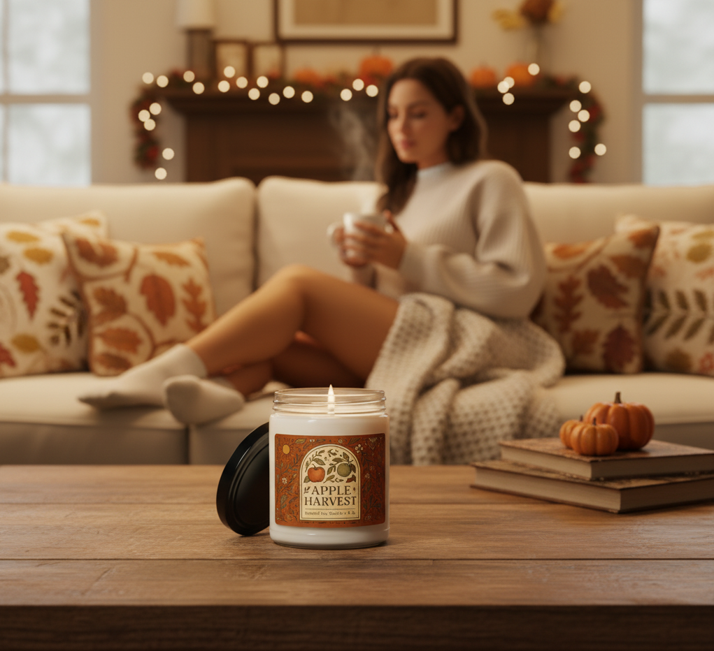 A woman is cozy on the couch, drinking a hot cup of coffee. The home is decorated for fall and there's an Apple Harvest candle on the coffee table.