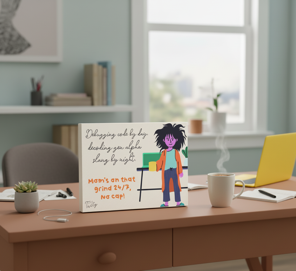 Mom's home office with canvas art that says Debugging code by day, decoding gen alpha slang by night. Mom's on that grind 24/7, no cap!