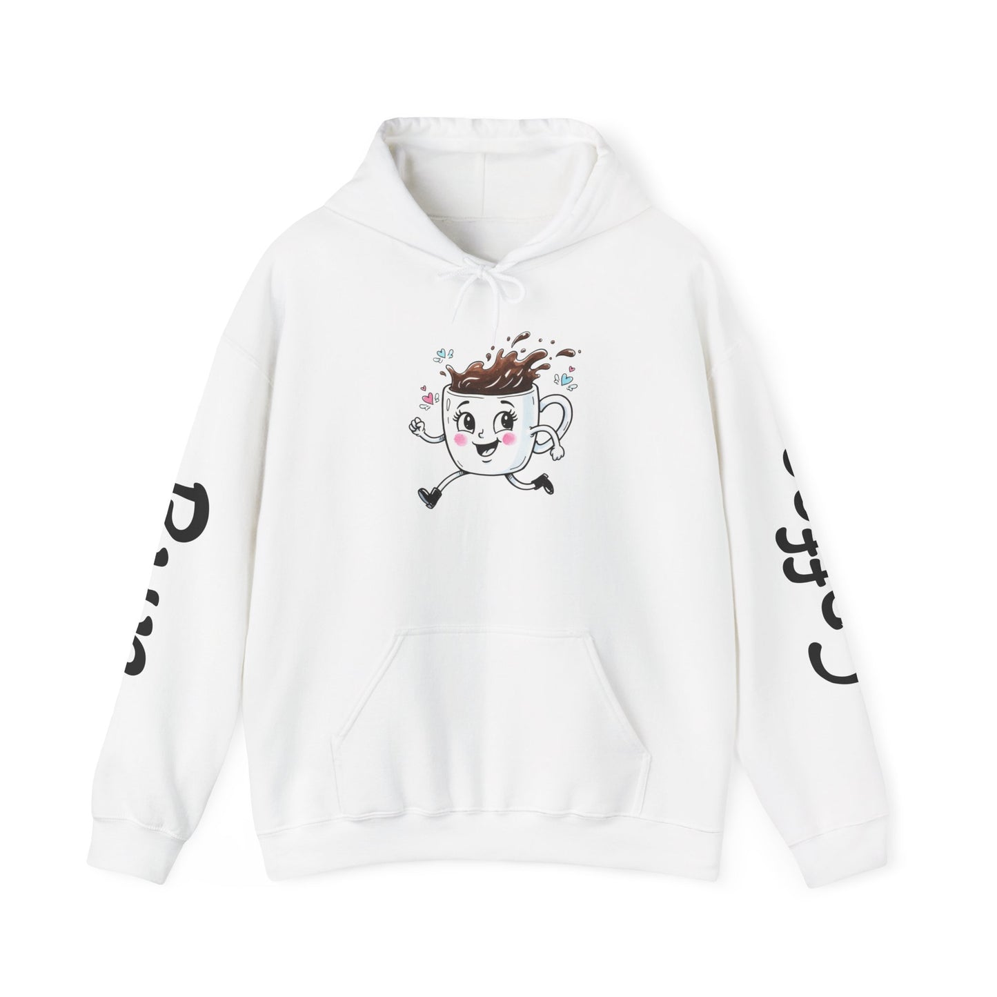 Coffee Cup Mascot Hoodie — Cute Running Coffee Mug Graphic Sweatshirt with Sleeve 'Coffee Run' Text