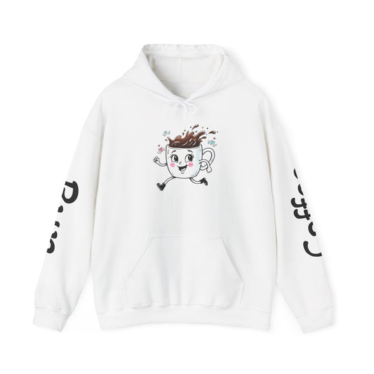 Coffee Cup Mascot Hoodie — Cute Running Coffee Mug Graphic Sweatshirt with Sleeve 'Coffee Run' Text
