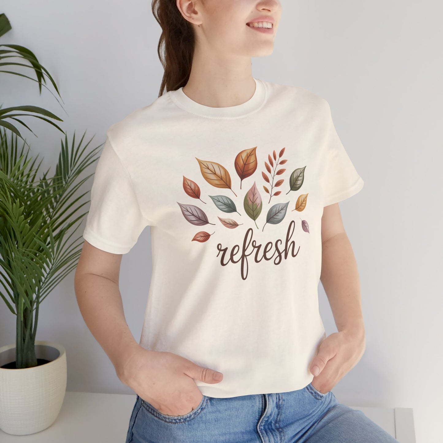 Fall Refresh T-Shirt | Autumn Leaf Graphic Tee | Cozy Fall Shirt for Women & Men | Nature Inspired Short Sleeve Tee | Eco Friendly Unisex Cotton Top