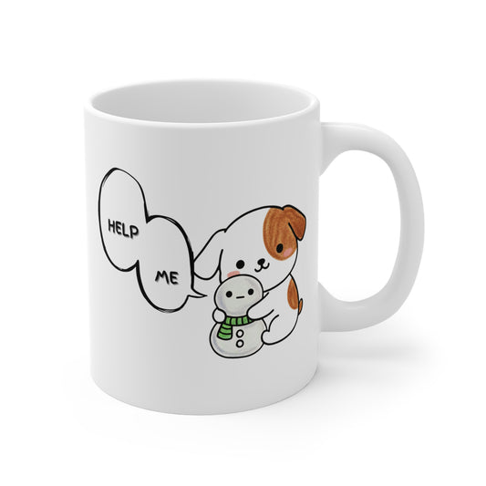 Funny Dog Mug – “Help Me” Snowman Dog Toy Design, Cute Kawaii Coffee Cup for Dog Lovers, 11oz White Ceramic Mug, Pet Humor Gift