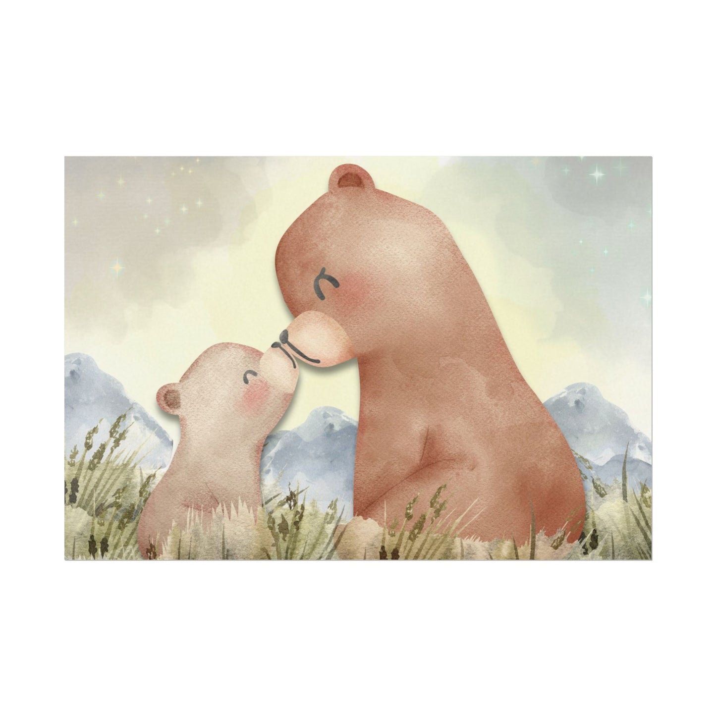 Mama Bear & Cub Watercolor Poster — Nursery Wall Art, Textured Matte Print