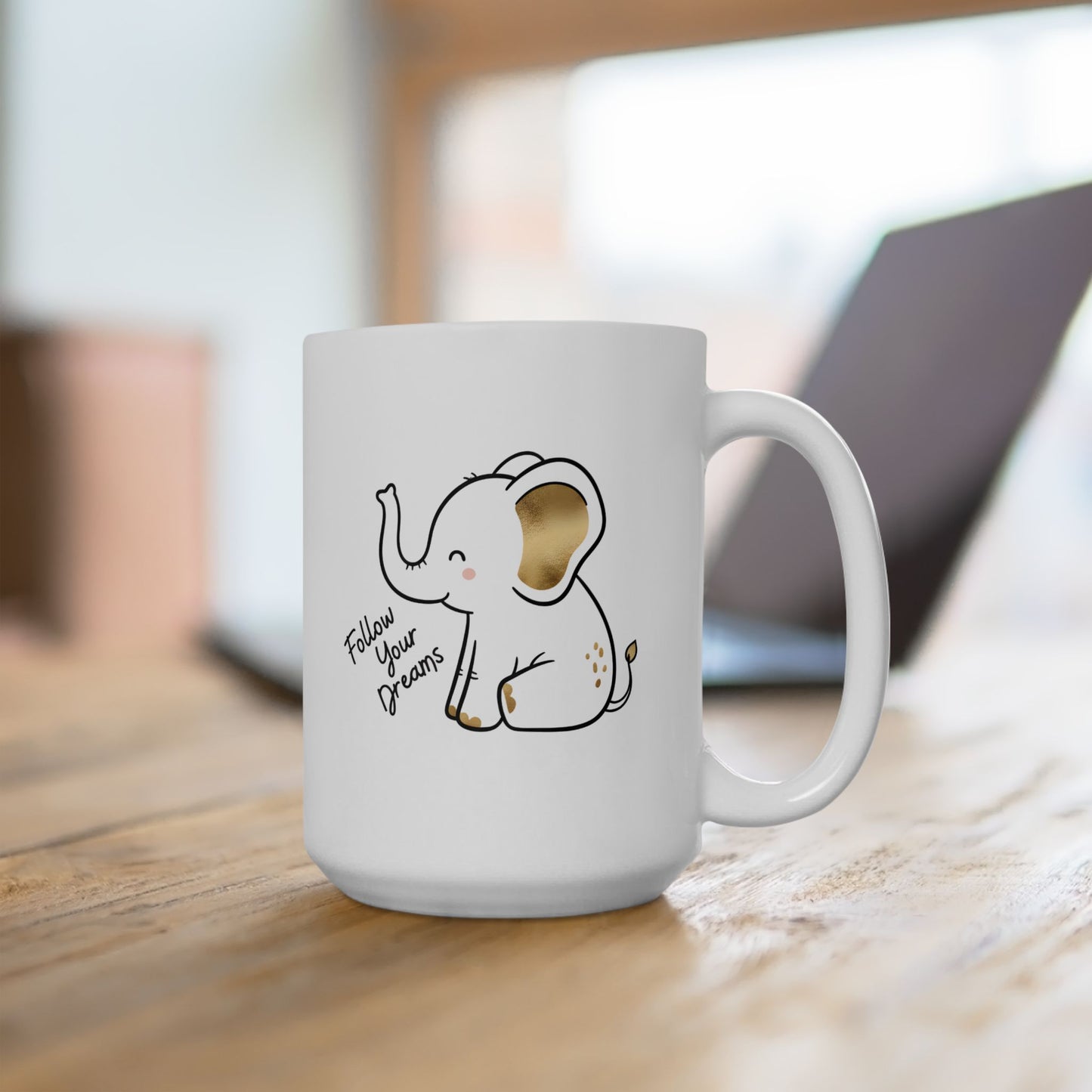 Cute Elephant Mug – Follow Your Dreams Coffee Cup, Inspirational Quote Mug, Elephant Gift, Motivational Ceramic Mug