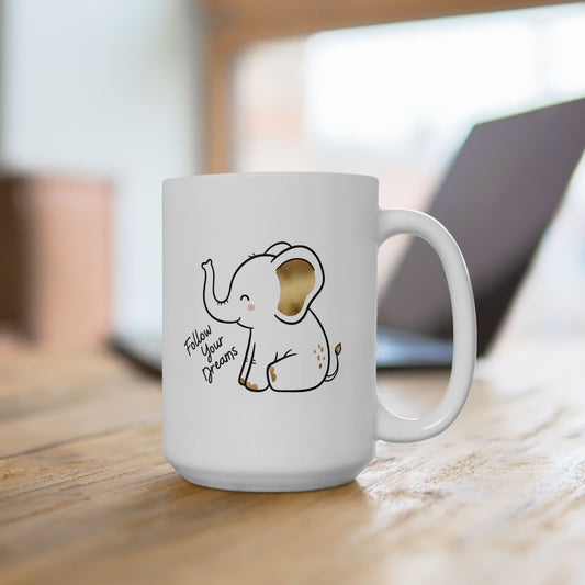 Cute Elephant Mug – Follow Your Dreams Coffee Cup, Inspirational Quote Mug, Elephant Gift, Motivational Ceramic Mug