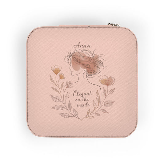 Personalized Travel Jewelry Case – Custom Name Jewelry Box in Pink, Ivory & Soft Gold | “Elegant on the Inside” Floral PU Leather Organizer | Gift for Her