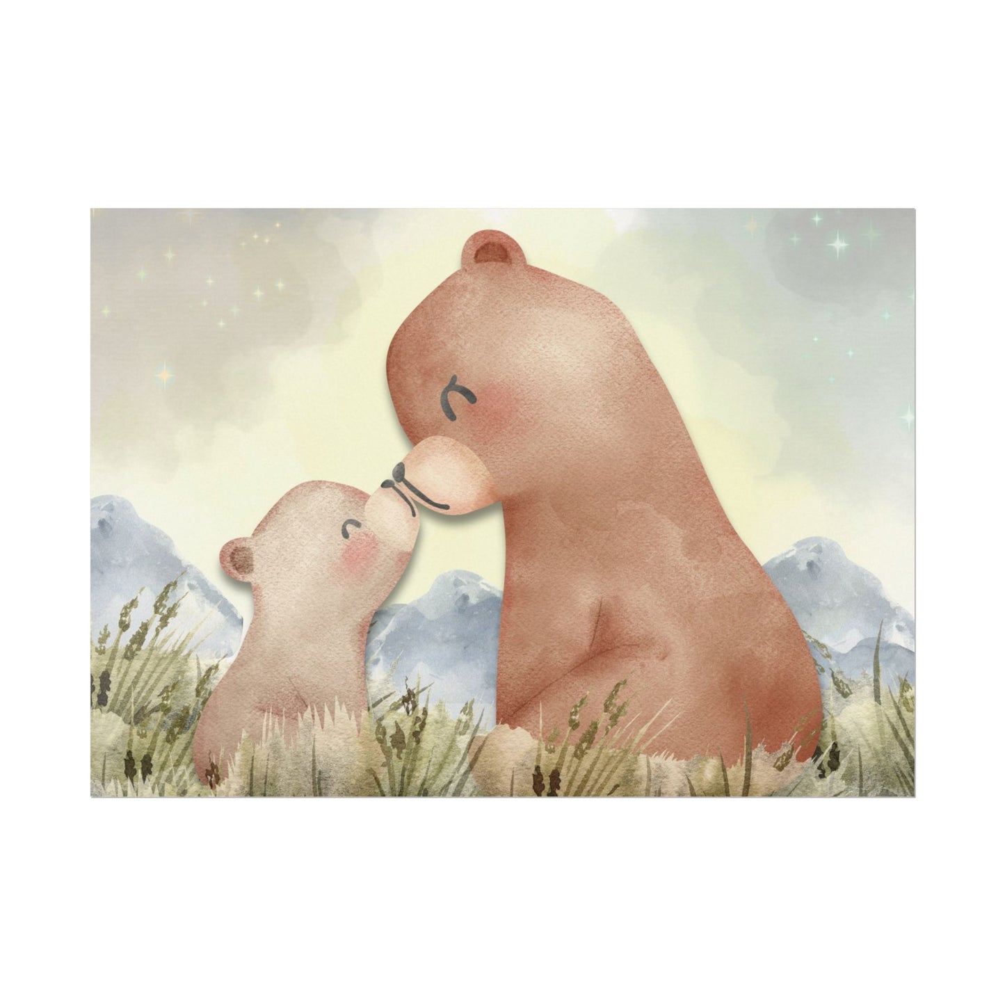 Mama Bear & Cub Watercolor Poster — Nursery Wall Art, Textured Matte Print