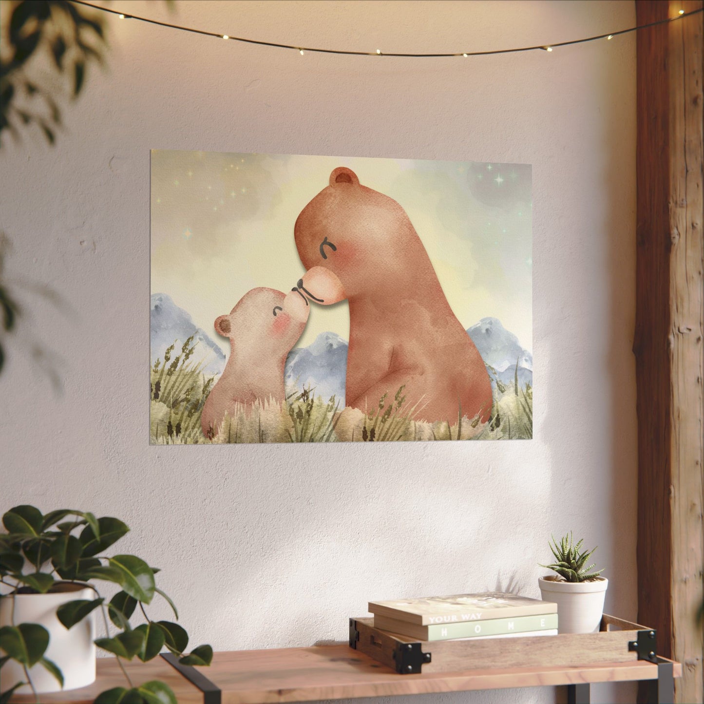 Mama Bear & Cub Watercolor Poster — Nursery Wall Art, Textured Matte Print
