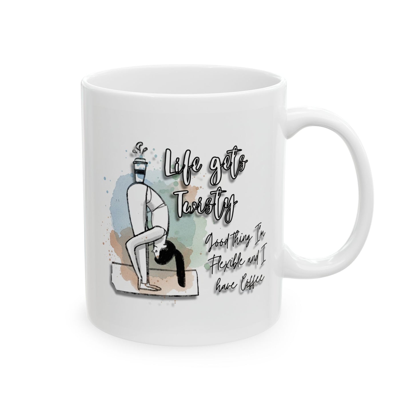 Yoga Coffee Mug – “Life Gets Twisty” Funny Yoga Quote Mug, Flexibility & Coffee Lover Gift, Watercolor Yoga Pose Mug, Mindfulness Gift for Yogis
