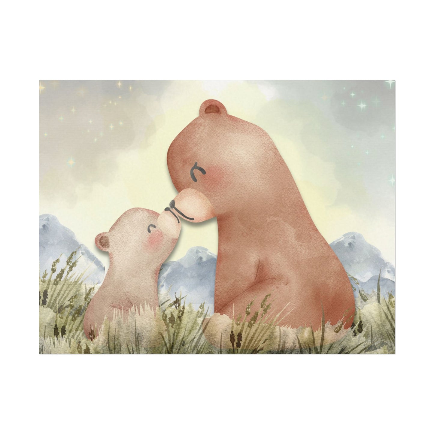 Mama Bear & Cub Watercolor Poster — Nursery Wall Art, Textured Matte Print