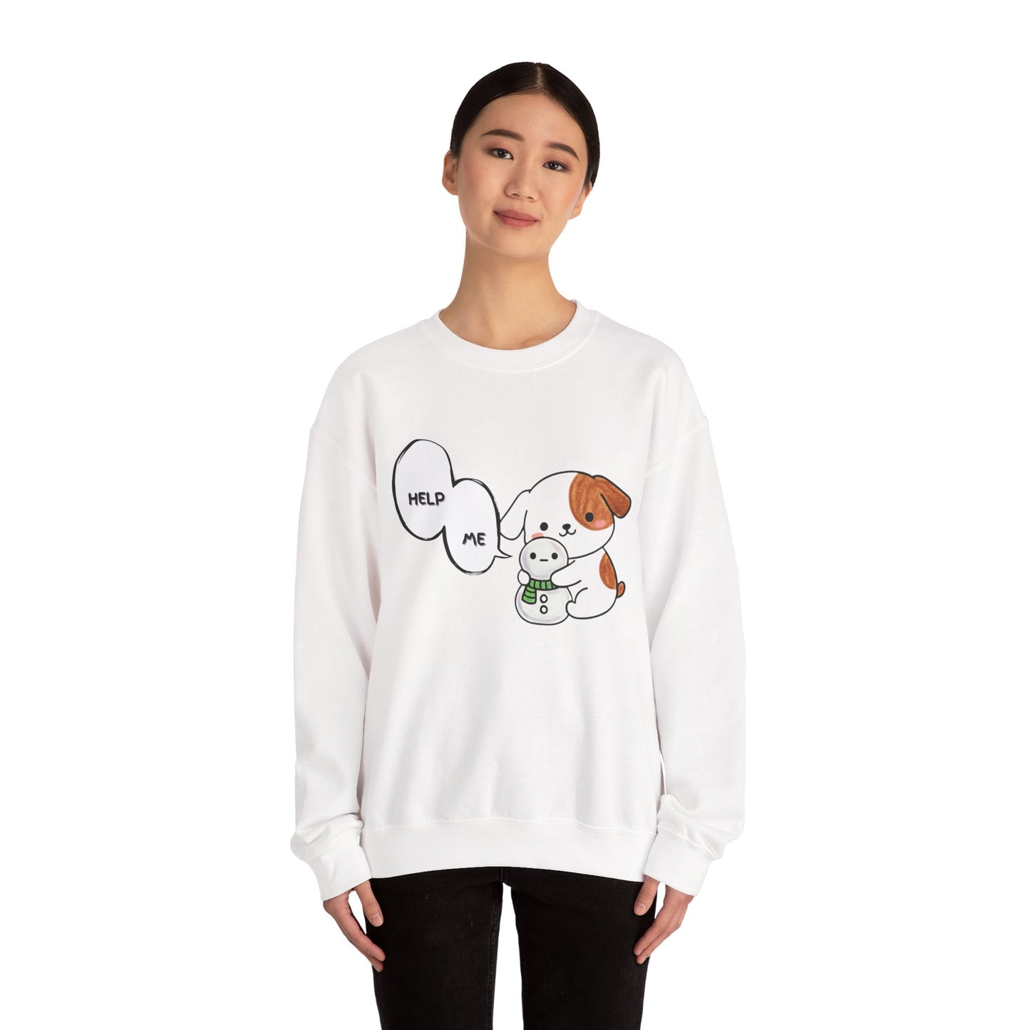 Funny Dog Sweatshirt – “Help Me” Snowman Dog Toy Design, Cute Kawaii Crewneck for Dog Lovers, Cozy Unisex Pullover, Pet Humor Gift