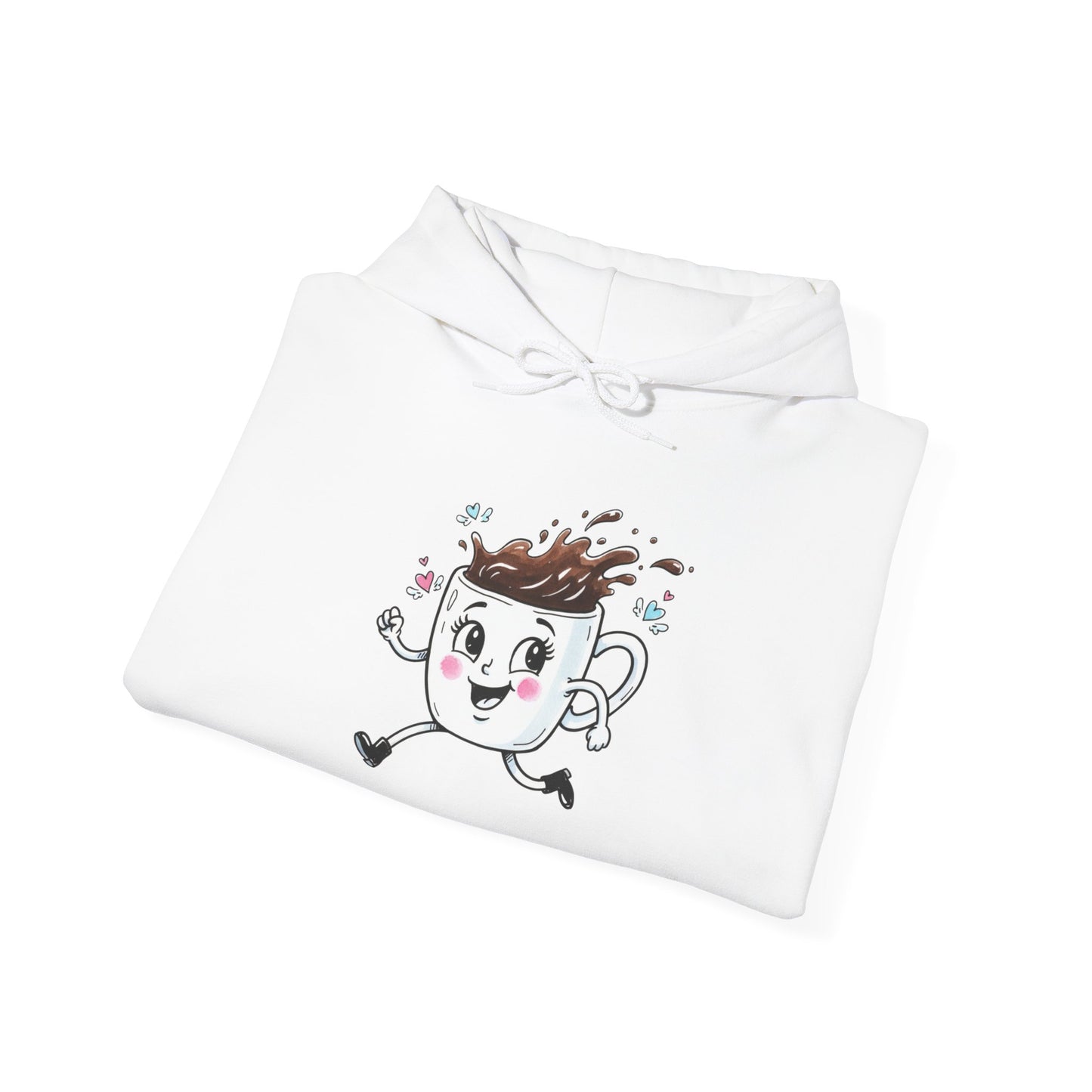 Coffee Cup Mascot Hoodie — Cute Running Coffee Mug Graphic Sweatshirt with Sleeve 'Coffee Run' Text