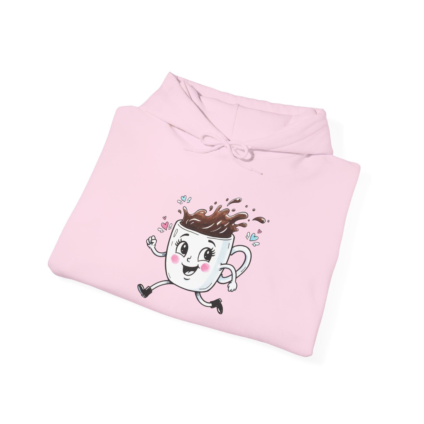 Coffee Cup Mascot Hoodie — Cute Running Coffee Mug Graphic Sweatshirt with Sleeve 'Coffee Run' Text