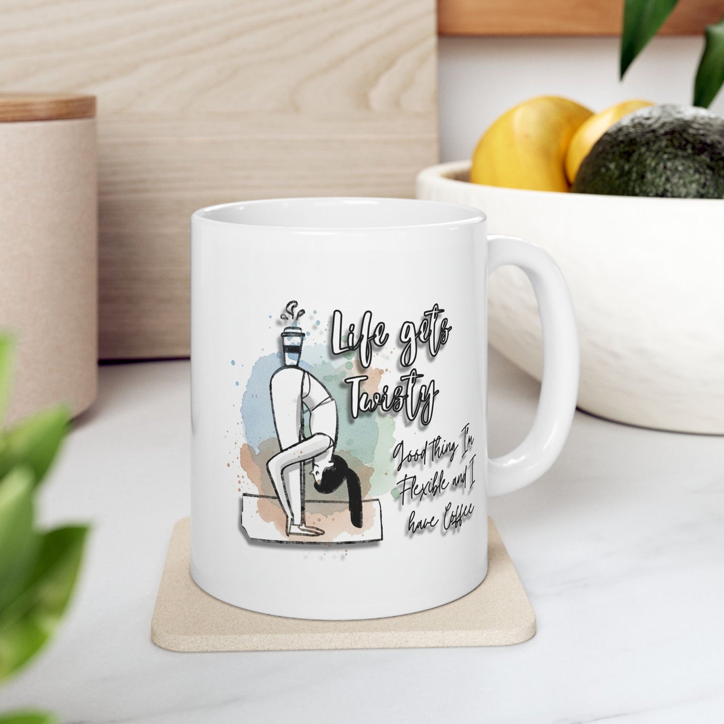 Yoga Coffee Mug – “Life Gets Twisty” Funny Yoga Quote Mug, Flexibility & Coffee Lover Gift, Watercolor Yoga Pose Mug, Mindfulness Gift for Yogis