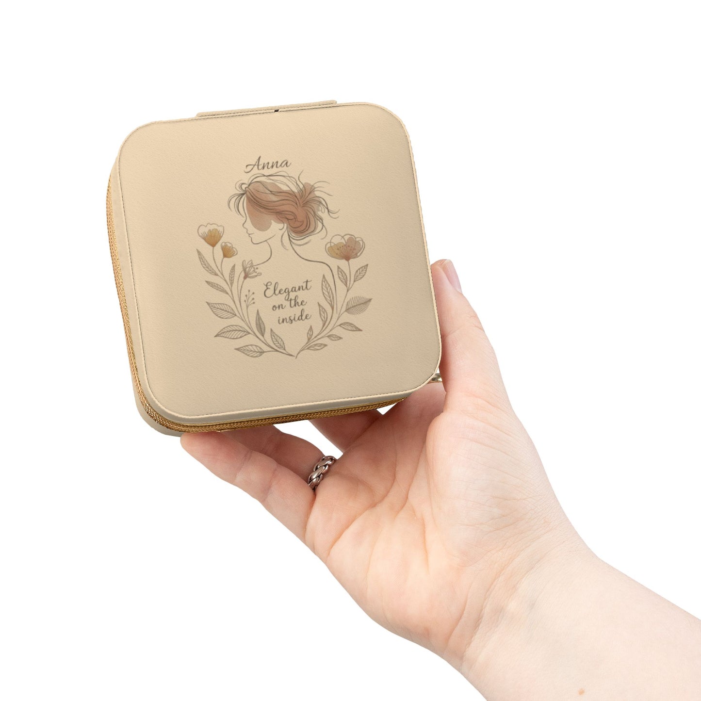 Personalized Travel Jewelry Case – Custom Name Jewelry Box in Pink, Ivory & Soft Gold | “Elegant on the Inside” Floral PU Leather Organizer | Gift for Her