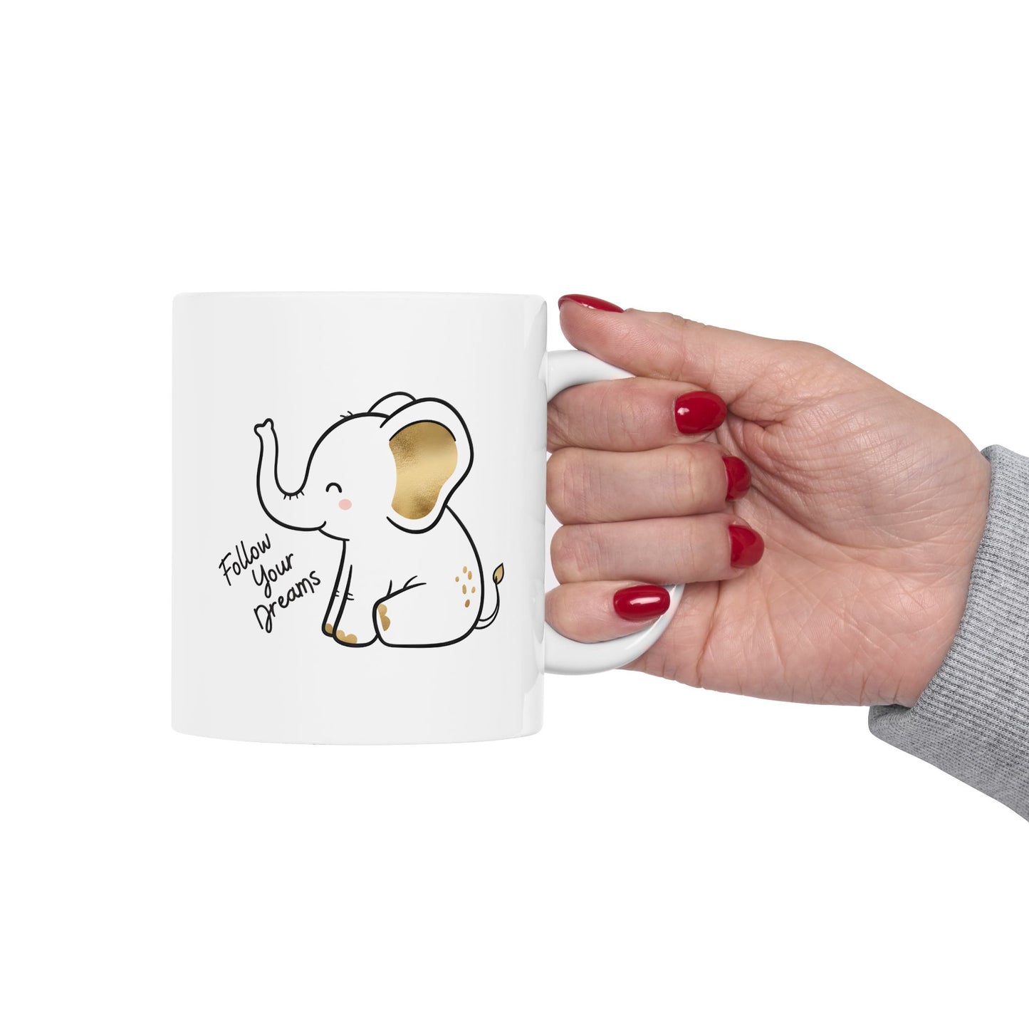 Cute Elephant Mug – Follow Your Dreams Coffee Cup, Inspirational Quote Mug, Elephant Gift, Motivational Ceramic Mug