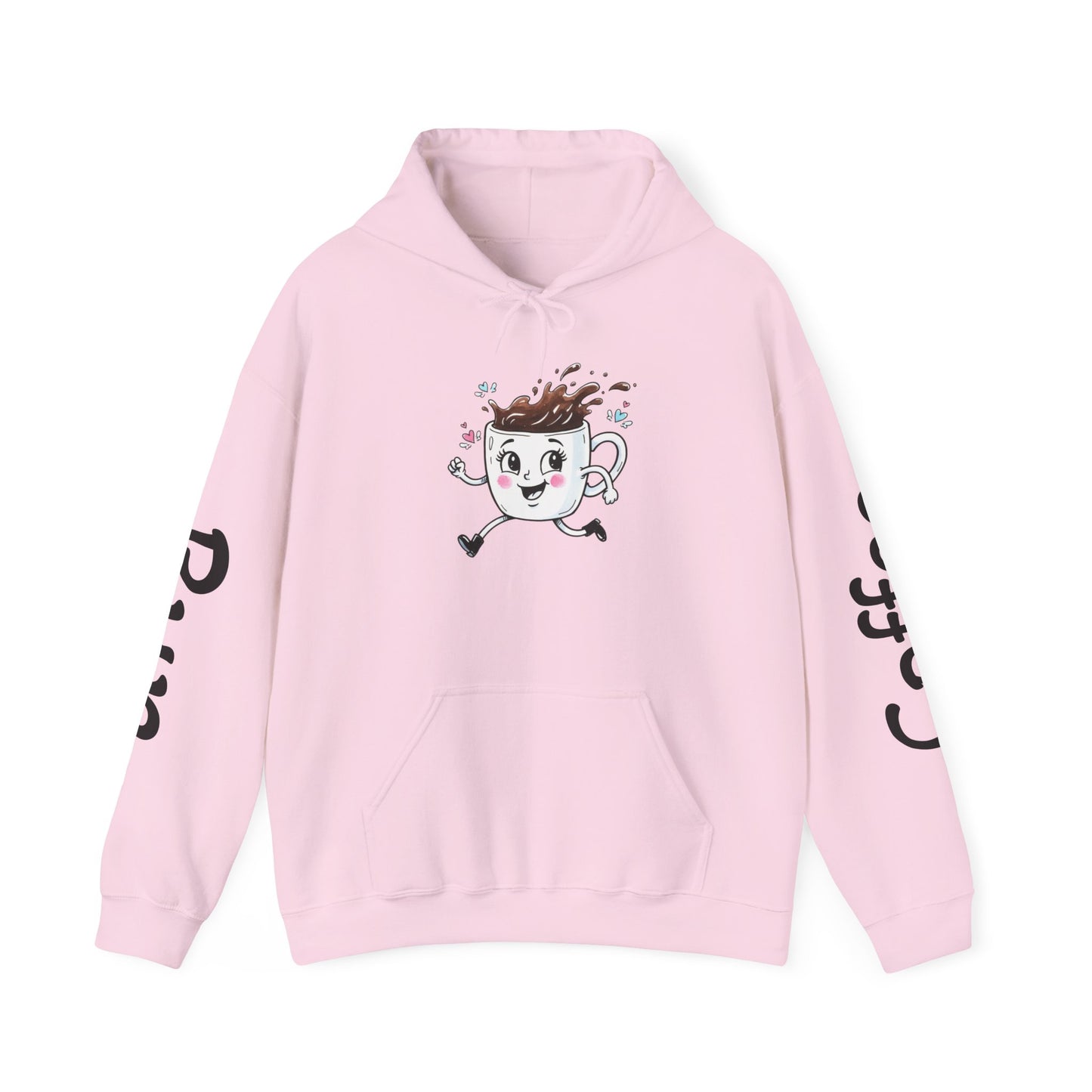 Coffee Cup Mascot Hoodie — Cute Running Coffee Mug Graphic Sweatshirt with Sleeve 'Coffee Run' Text