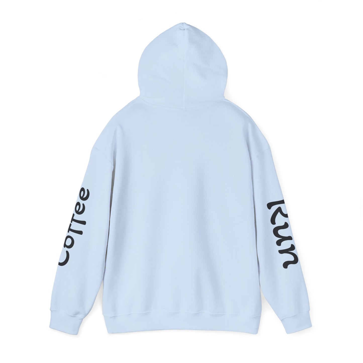 Coffee Cup Mascot Hoodie — Cute Running Coffee Mug Graphic Sweatshirt with Sleeve 'Coffee Run' Text
