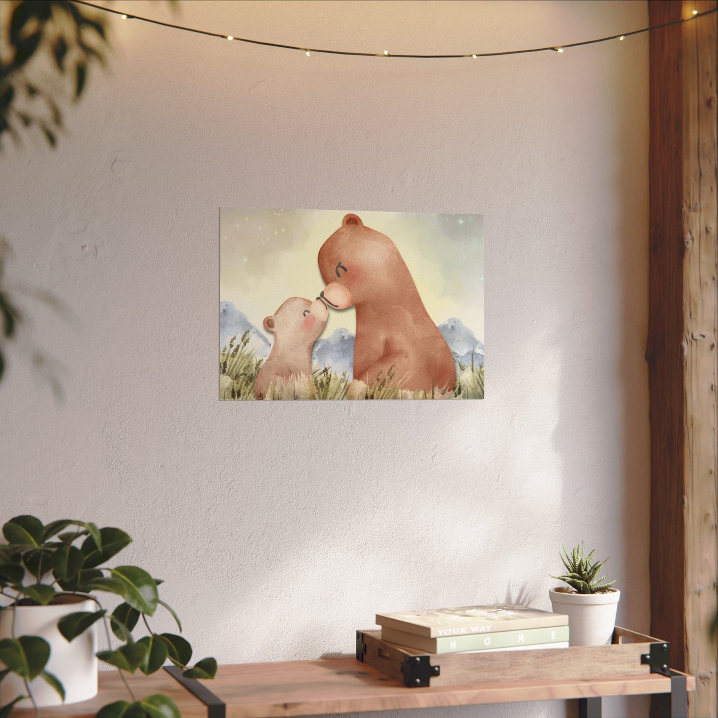 Mama Bear & Cub Watercolor Poster — Nursery Wall Art, Textured Matte Print
