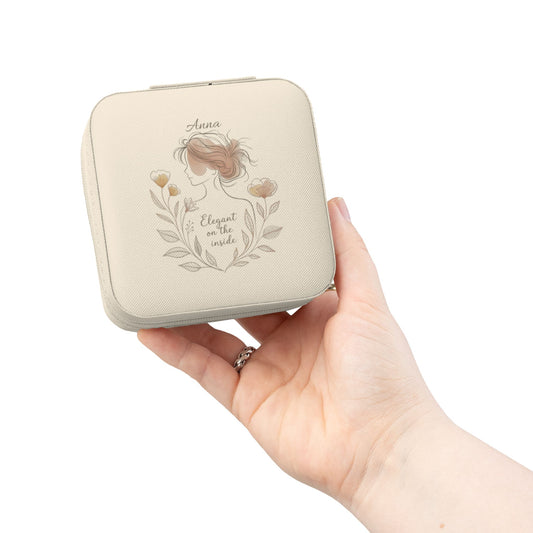 Personalized Travel Jewelry Case – Custom Name Jewelry Box in Pink, Ivory & Soft Gold | “Elegant on the Inside” Floral PU Leather Organizer | Gift for Her