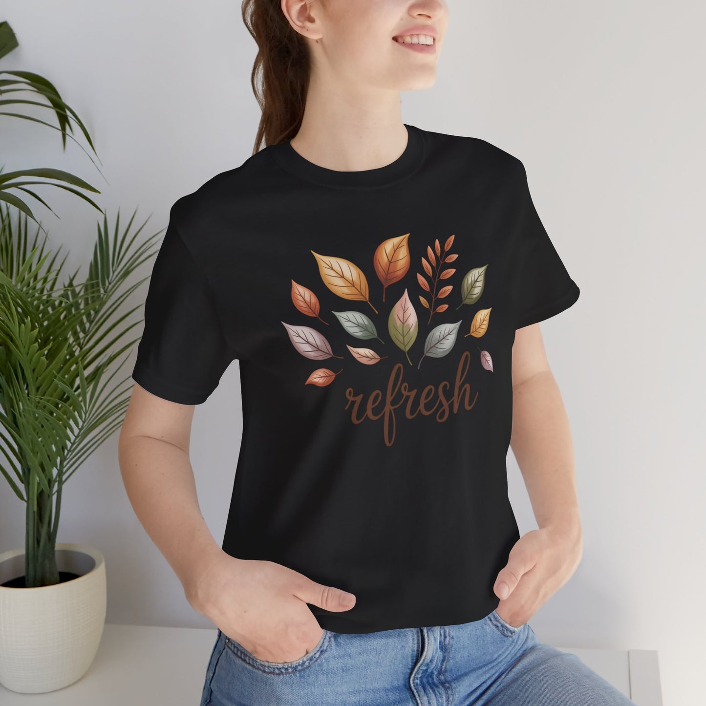 Fall Refresh T-Shirt | Autumn Leaf Graphic Tee | Cozy Fall Shirt for Women & Men | Nature Inspired Short Sleeve Tee | Eco Friendly Unisex Cotton Top