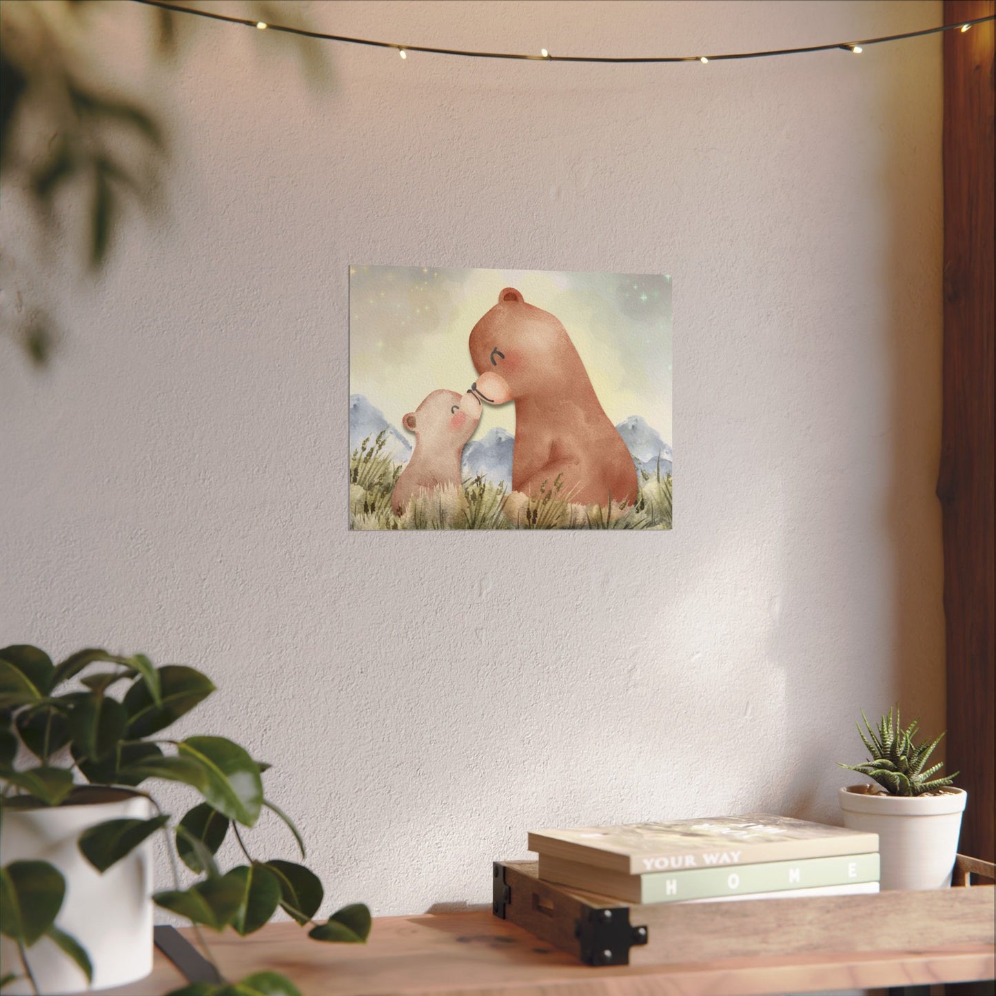 Mama Bear & Cub Watercolor Poster — Nursery Wall Art, Textured Matte Print