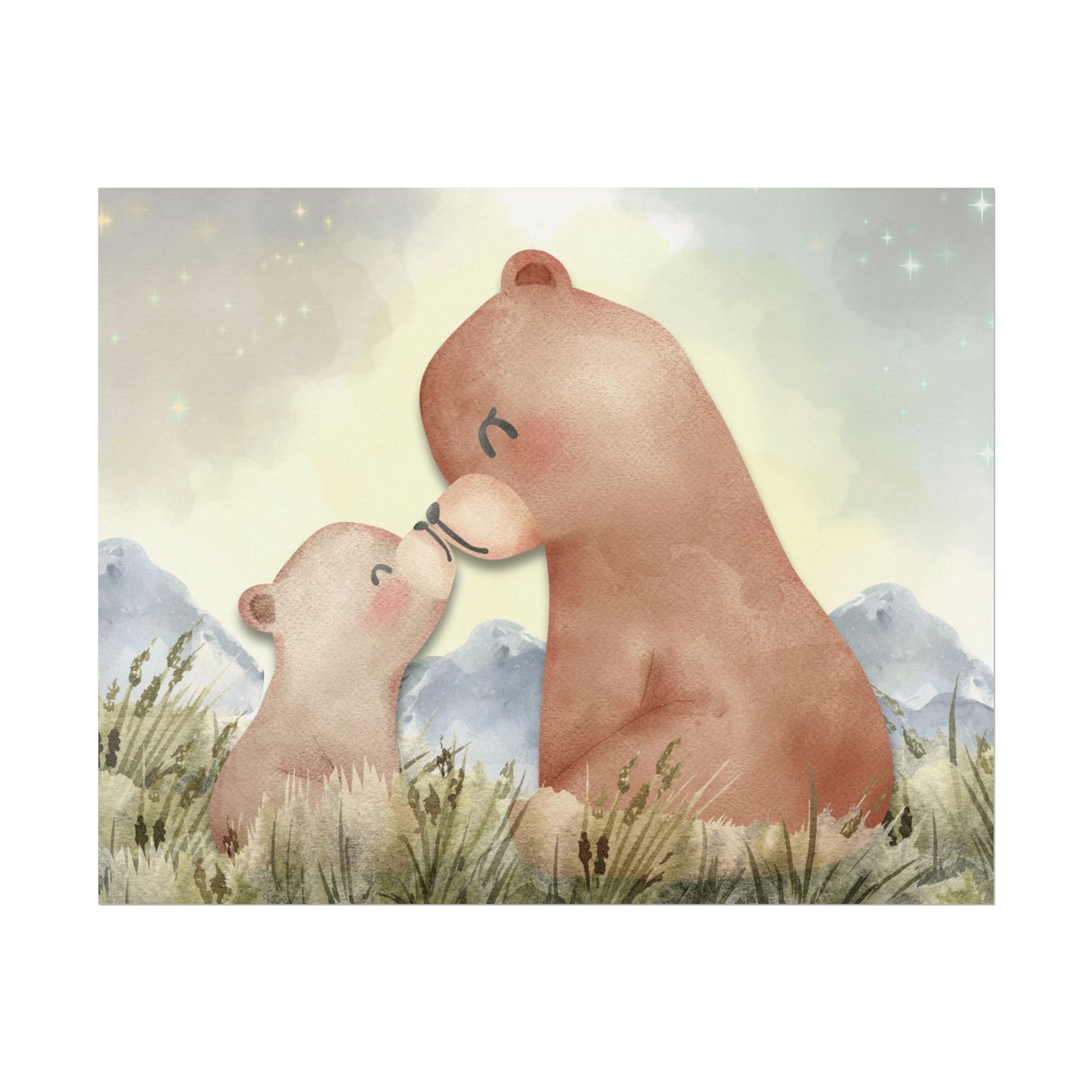 Mama Bear & Cub Watercolor Poster — Nursery Wall Art, Textured Matte Print