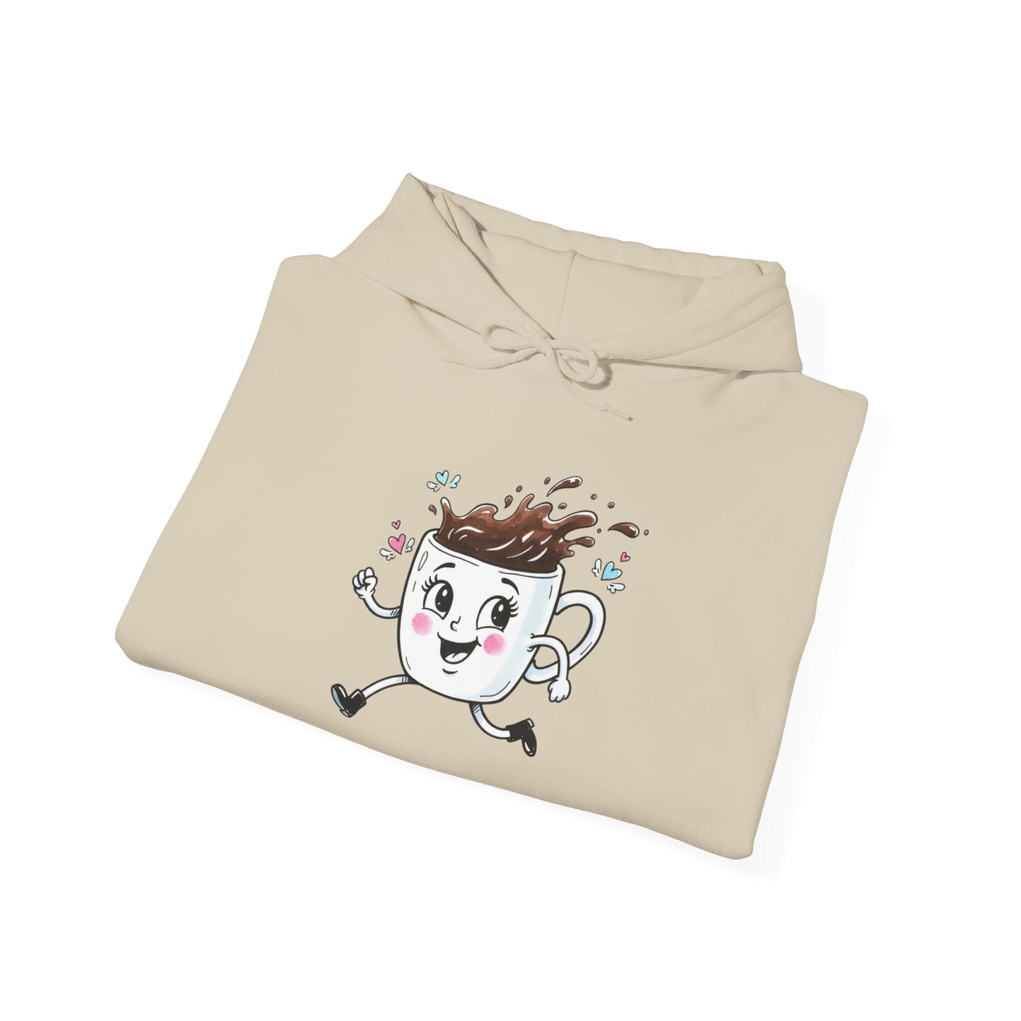 Coffee Cup Mascot Hoodie — Cute Running Coffee Mug Graphic Sweatshirt with Sleeve 'Coffee Run' Text