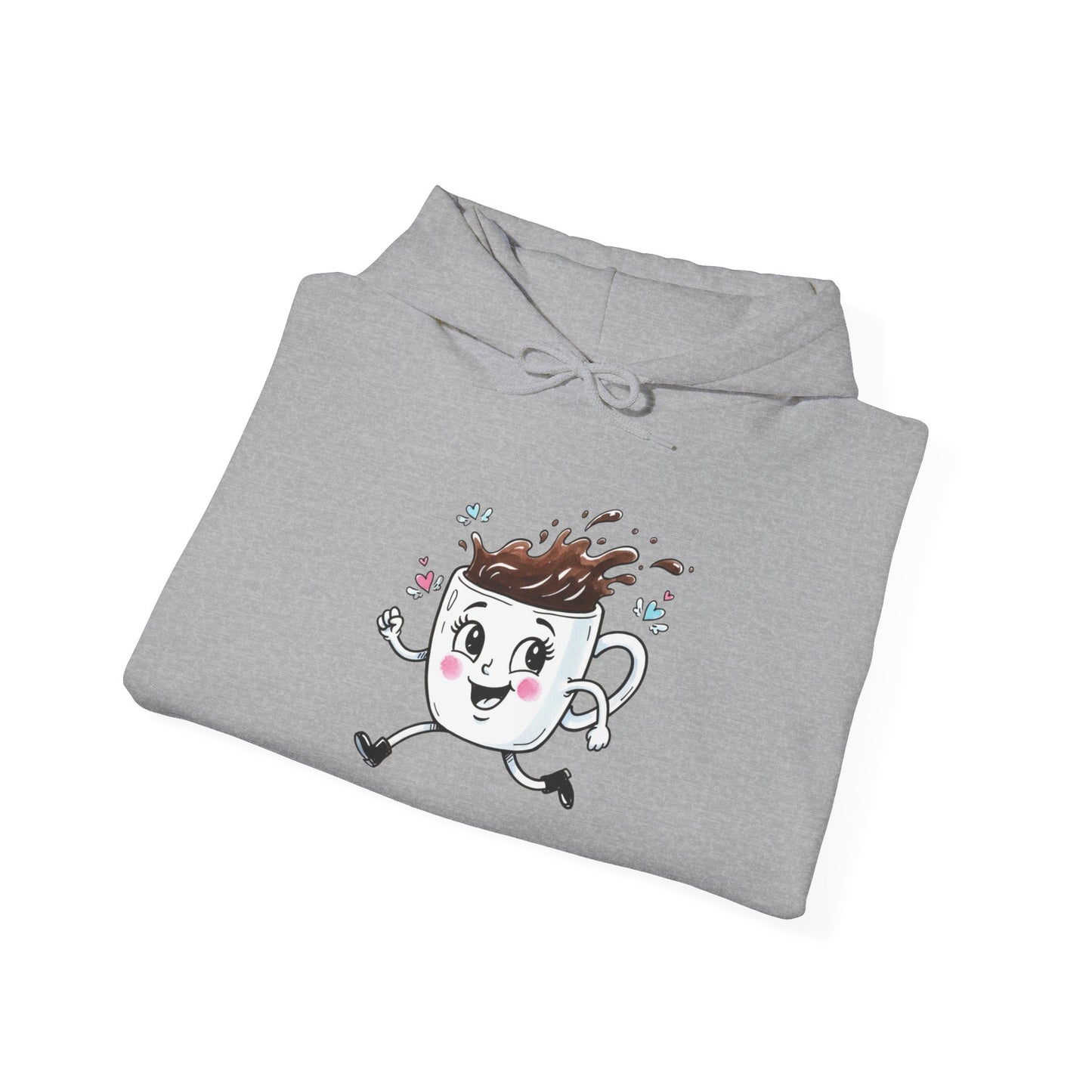 Coffee Cup Mascot Hoodie — Cute Running Coffee Mug Graphic Sweatshirt with Sleeve 'Coffee Run' Text
