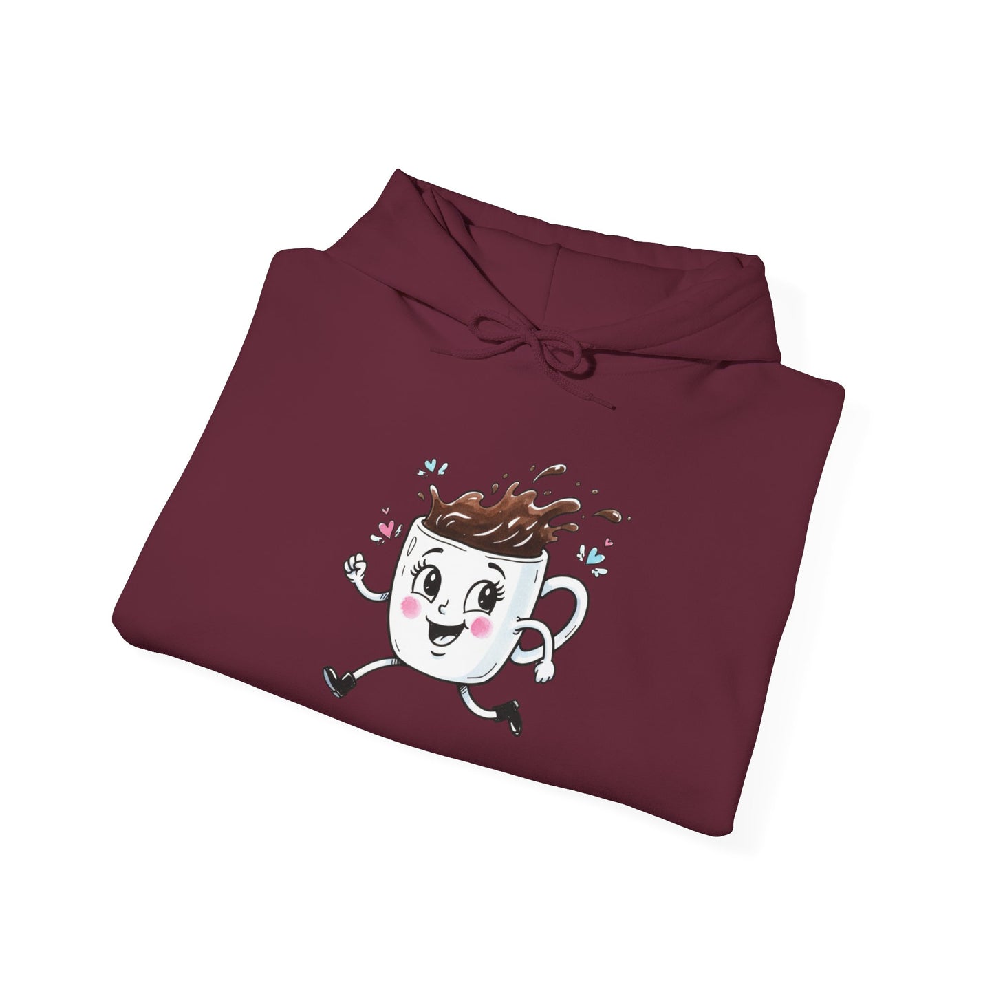 Coffee Cup Mascot Hoodie — Cute Running Coffee Mug Graphic Sweatshirt with Sleeve 'Coffee Run' Text