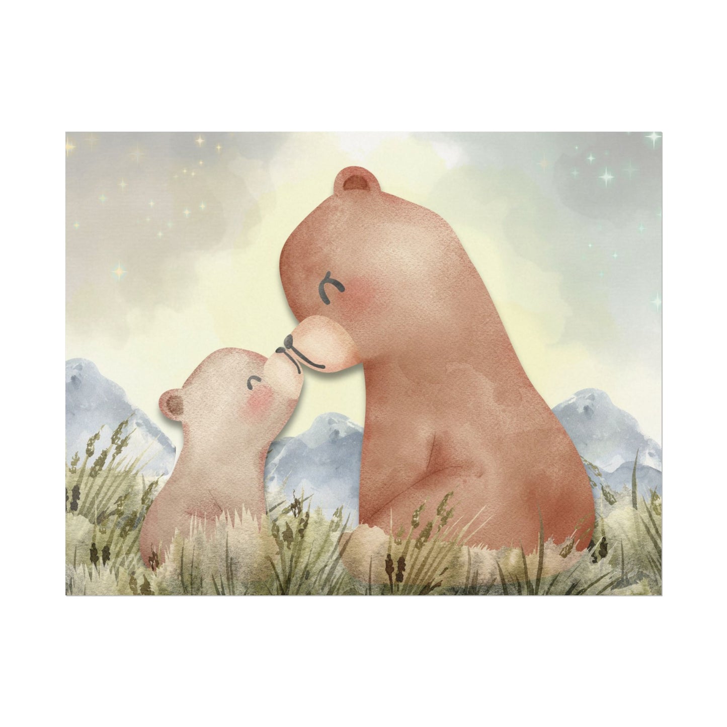 Mama Bear & Cub Watercolor Poster — Nursery Wall Art, Textured Matte Print