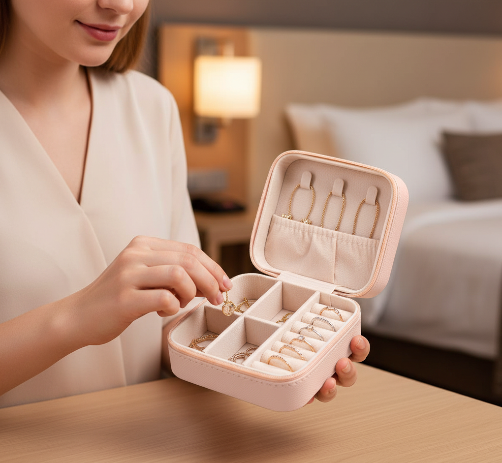 Personalized Travel Jewelry Case – Custom Name Jewelry Box in Pink, Ivory & Soft Gold | “Elegant on the Inside” Floral PU Leather Organizer | Gift for Her