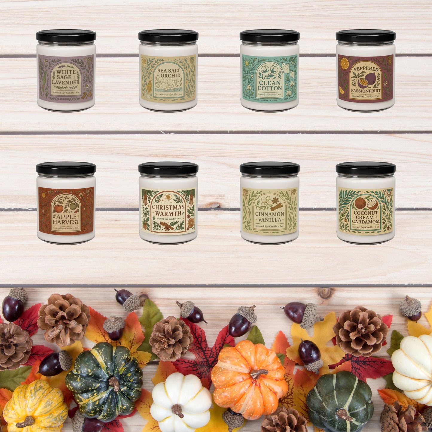 9oz Scented Soy Jar Candles | Christmas Warmth, Apple Harvest, Cinnamon Vanilla, and MORE!