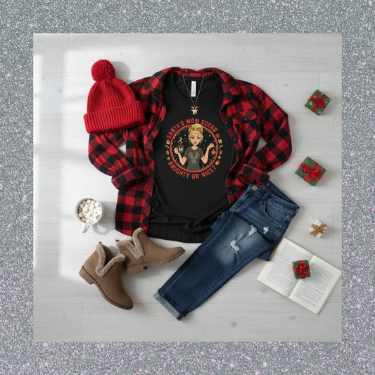 Santa’s Mom Squad Shirt | Personalized Holiday Shirt – Naughty or Nice Christmas Tee for Moms, Funny Holiday T-Shirt for Women, Christmas Party Outfit, Gift for Mom or Wife