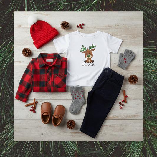 Personalized Reindeer Toddler T-Shirt | Custom Name Christmas Tee for Kids | Cute Holiday Deer Shirt | Infant & Toddler Xmas Outfit Gift