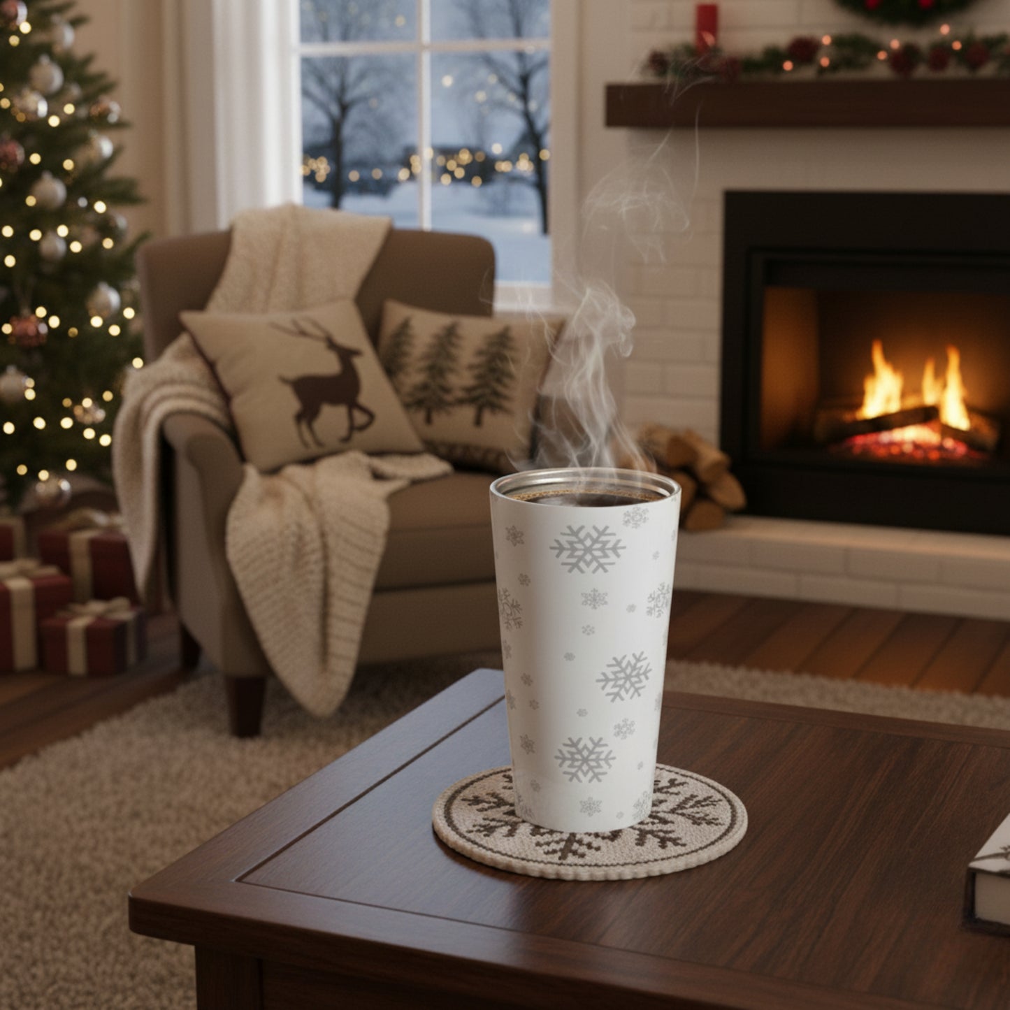 Snowflake Stainless Steel Travel Mug – 15oz Winter Coffee Tumbler, Vacuum Insulated Cup, Christmas Gift for Coffee Lovers, Reusable Holiday Mug