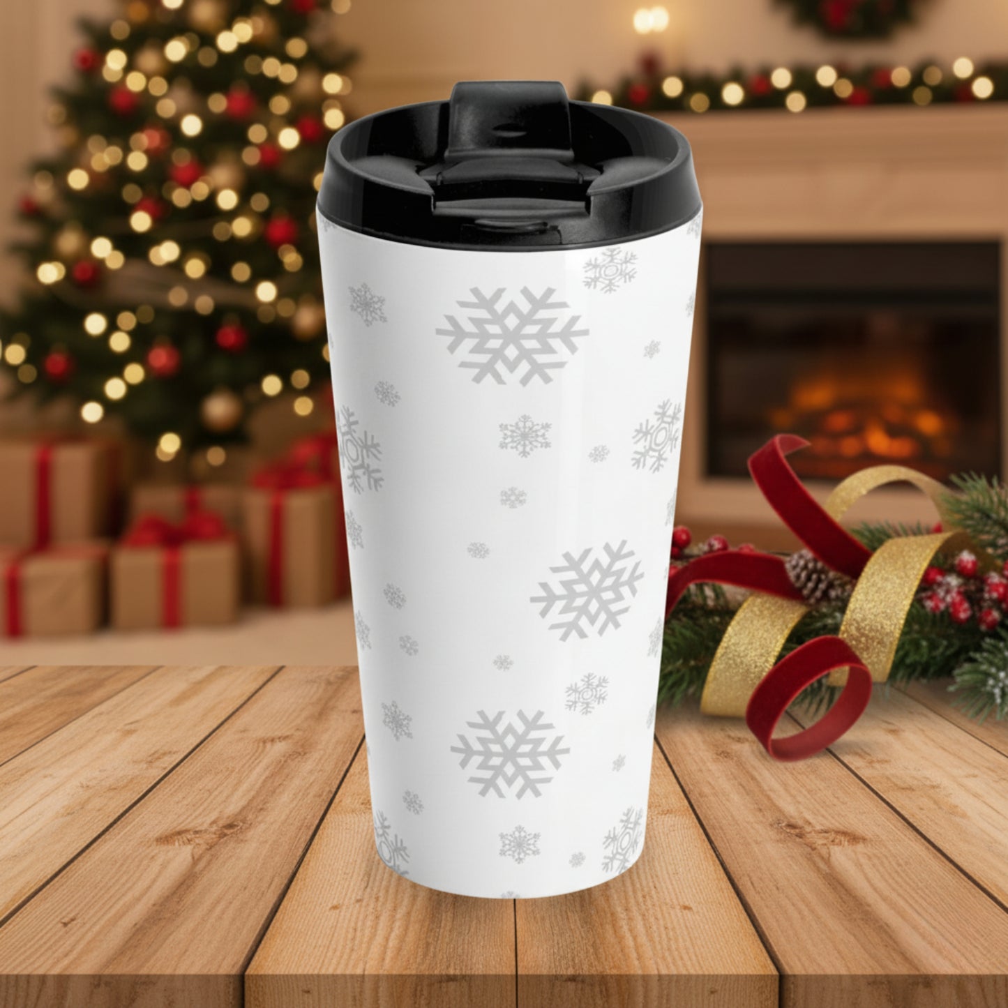 Snowflake Stainless Steel Travel Mug – 15oz Winter Coffee Tumbler, Vacuum Insulated Cup, Christmas Gift for Coffee Lovers, Reusable Holiday Mug