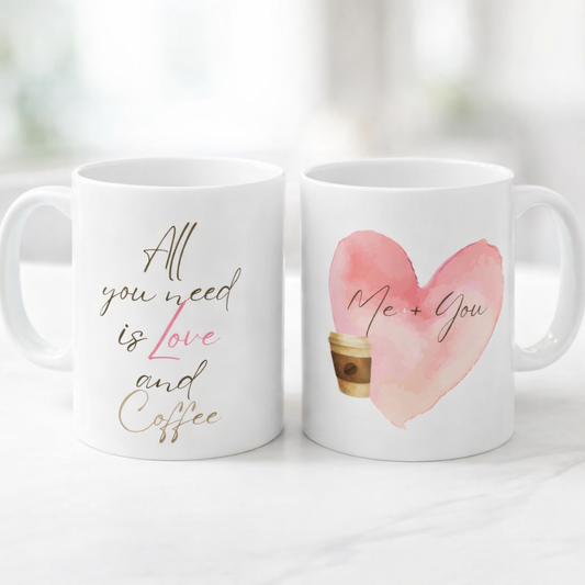 Two mugs with romantic sayings on a white background
