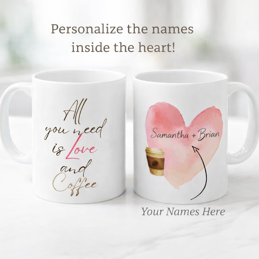 Two white mugs with personalized text and a heart design on a light background.