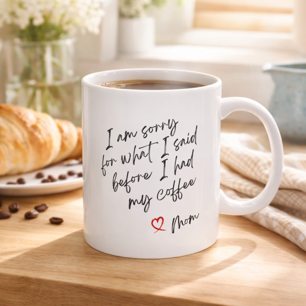 White mug with humorous text on a wooden table with coffee beans and a croissant.