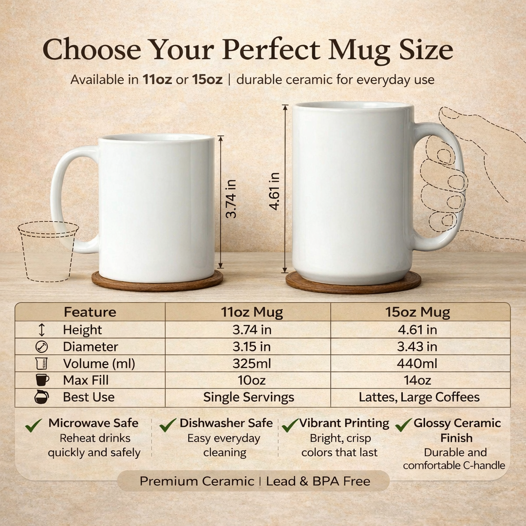 White ceramic mugs with dimensions and features on a wooden surface