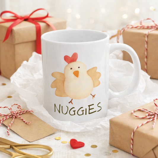 Nuggies Chicken Mug – Cute Watercolor Chicken Coffee Cup, Funny Cozy Gift